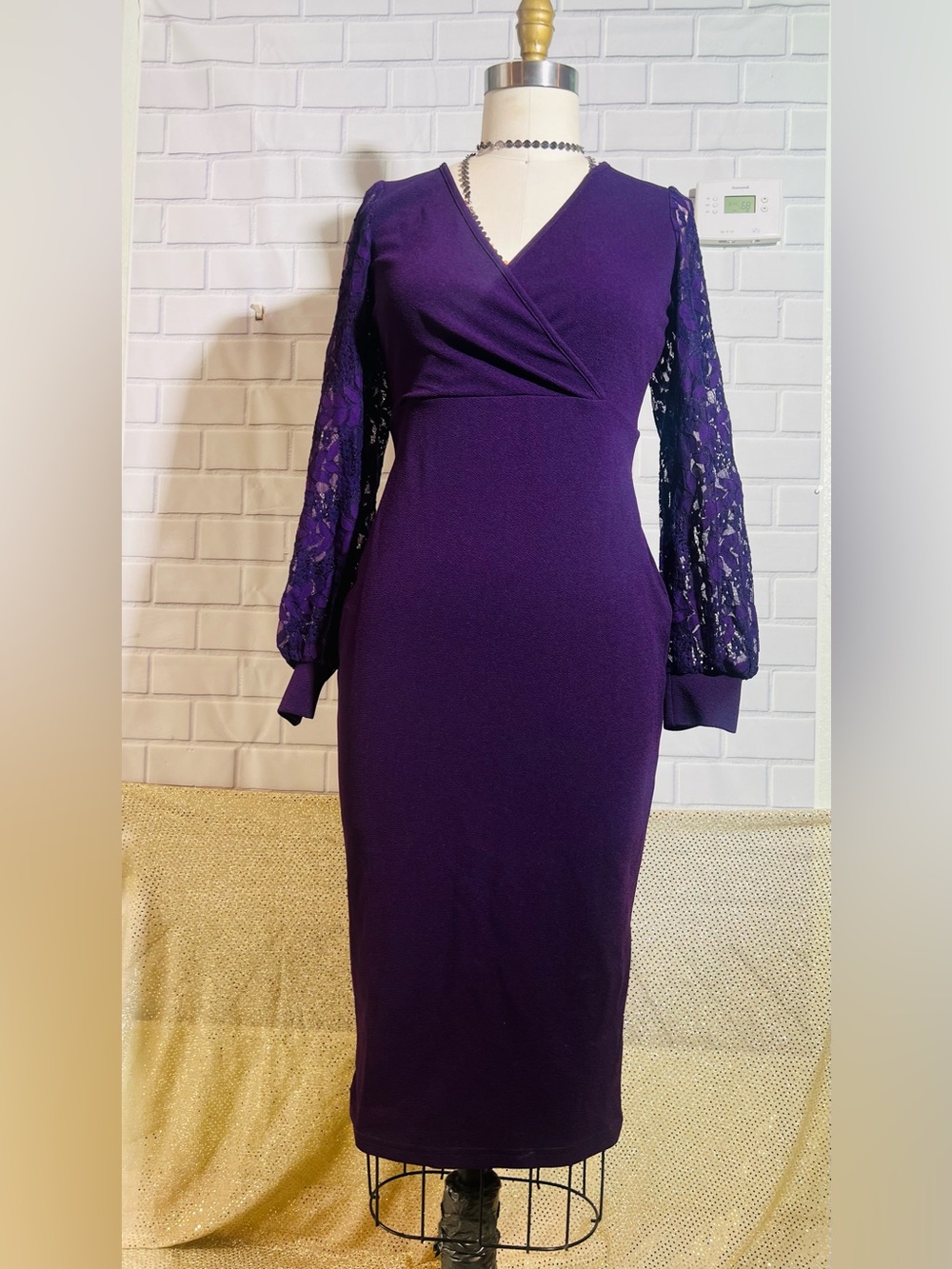 Elegant Purple Lace-Sleeve Wrap Dress